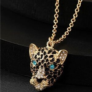 Gold Leopard Head Rhinestone Necklace